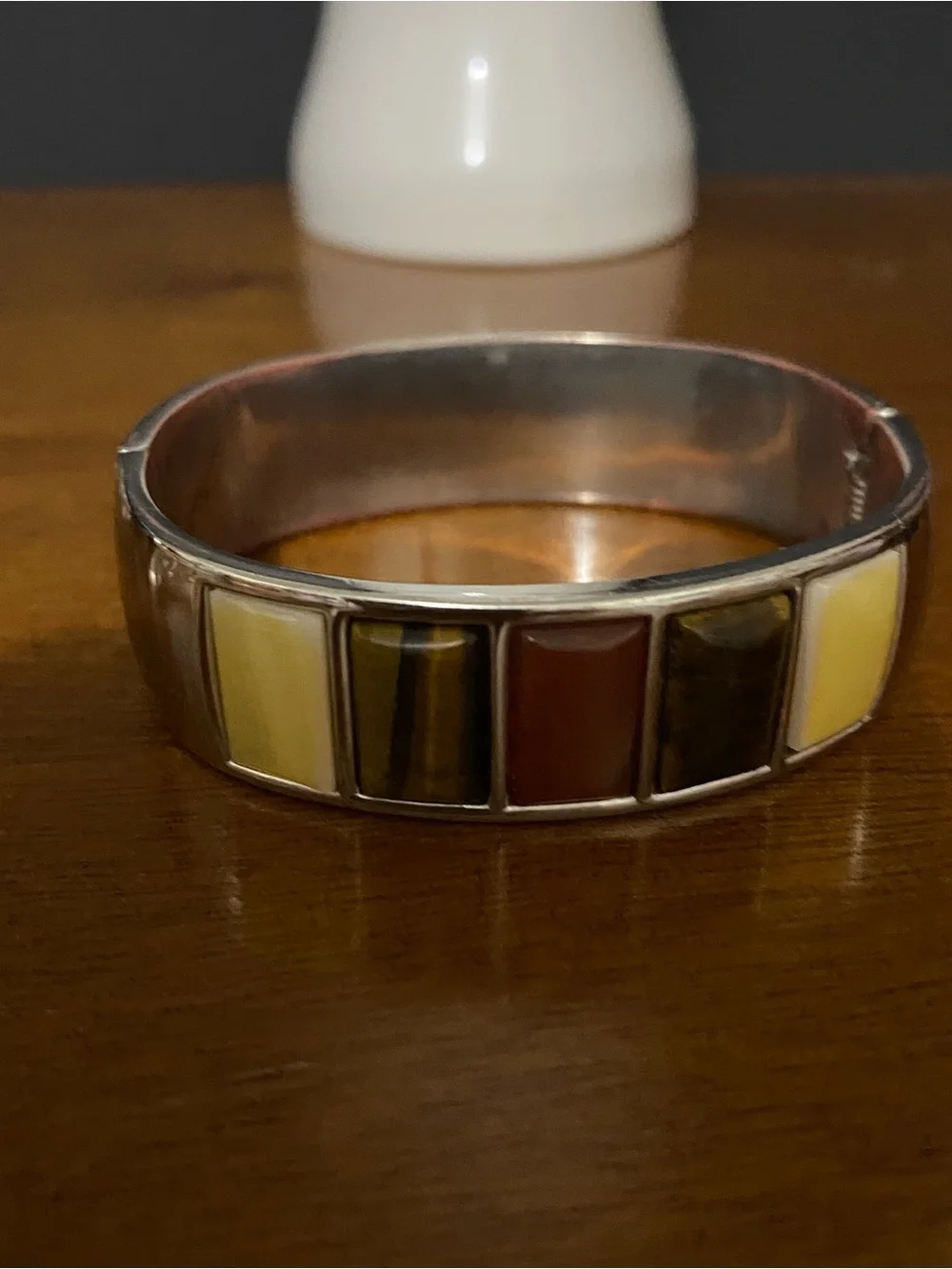 Multicolor Inlay marbled Stone Cuff Clamp Bracelet - Yellow and Browns